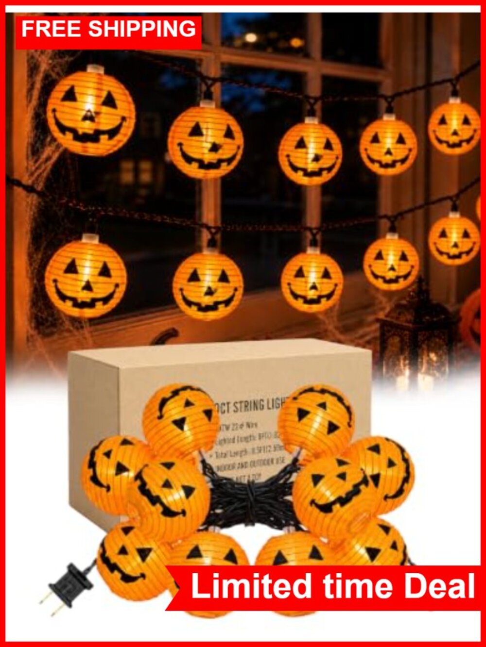 8.5FT Halloween Pumpkin Lantern String Lights Plug-in 10 LED Decor